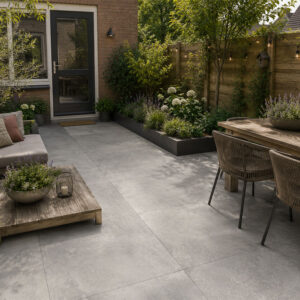 keramische terrastegel tuintegel lugo stonemix grijs 80x80x2 gerectificeerd op=op