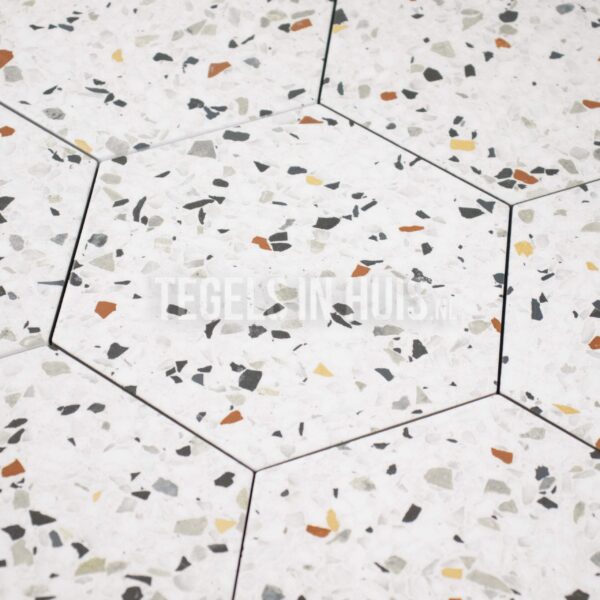 vloertegel / wandtegel tempo hexagon terrazzo wit kleur mix 20x24