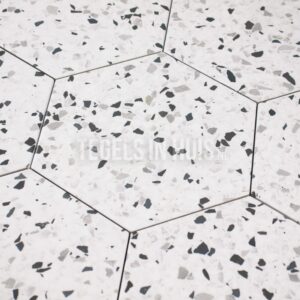 vloertegel / wandtegel tempo hexagon terrazzo wit zwart 20x24