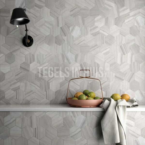 vloertegel / wandtegel hexagon lithos marmer grijs mat 11.6x10.1