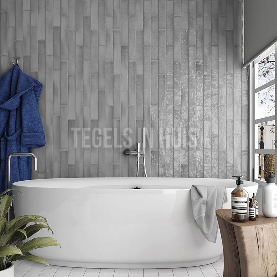 wandtegel 6,5x40cm manacor mercury grijs handvorm glans