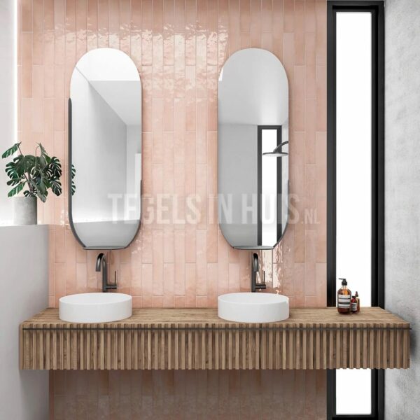 wandtegel 6,5x40cm manacor blush pink roze handvorm glans