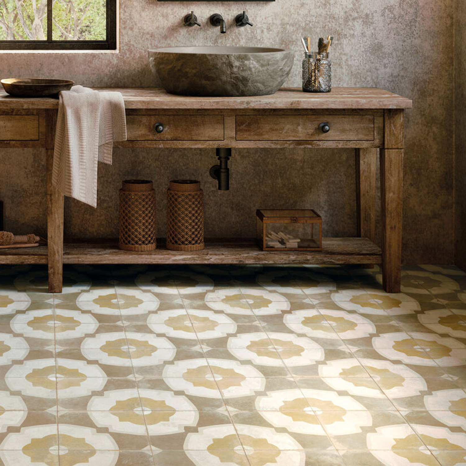 vloertegel / wandtegel fs farfalla mustard geel 45x45 4 in 1