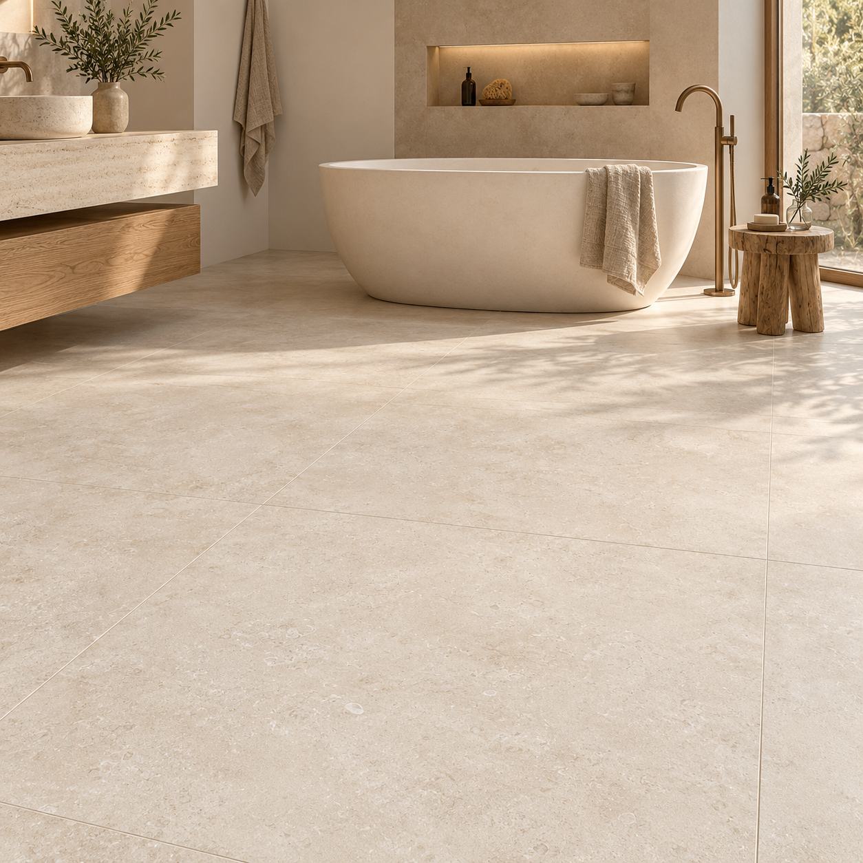 vloertegel wandtegel toscane lichtbeige natuursteenlook kalksteen limestone 120x120 r10 gerectificeerd tegelknaller